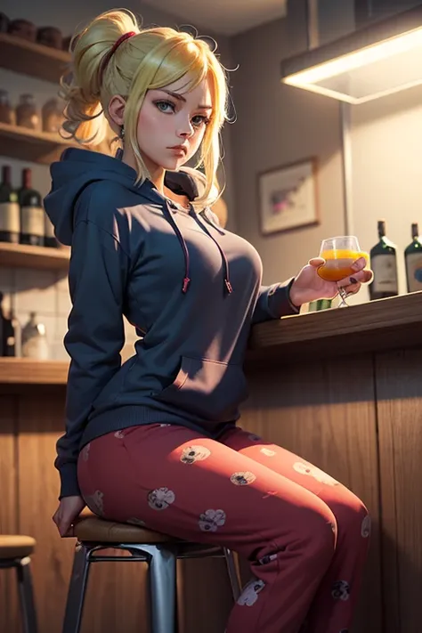 young woman samus aran is sitting on a bar stool on the kitchen wearing hoodie and pajama pants, her body is very skinny and face is very tired she is looking sideway, there are couple of cocktails and bottles of alcohol on the table, it is evening, her ha...