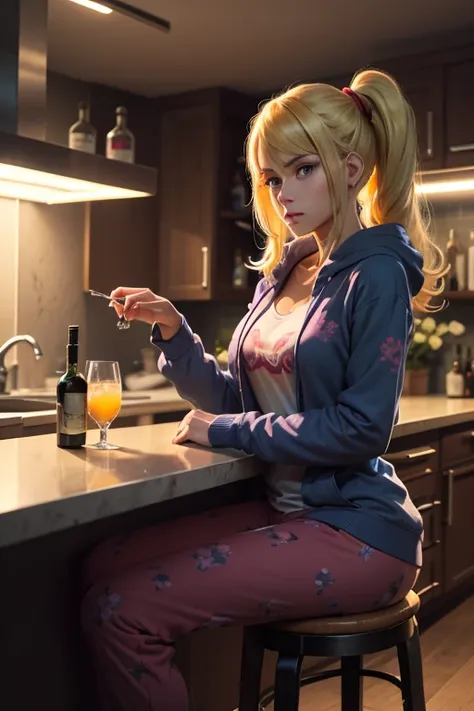 young woman samus aran is sitting on a bar stool on the kitchen wearing hoodie and pajama pants, her body is very skinny and face is very tired she is looking sideway, there are couple of cocktails and bottles of alcohol on the table, it is evening, her ha...