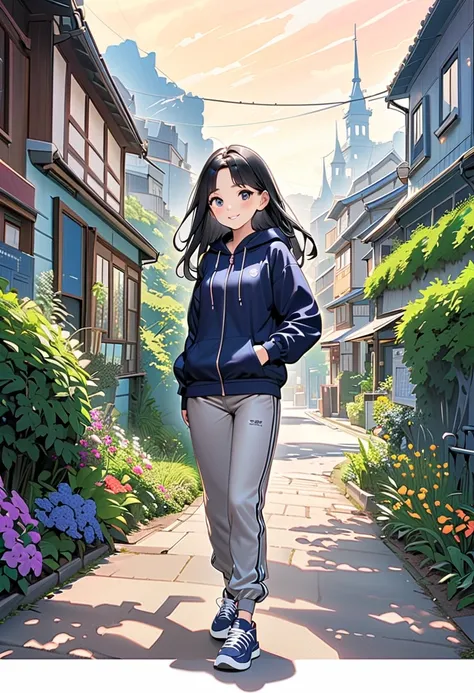 (masterpiece, best quality:1.1),vibrant, pop,
snapshot of girl taking a walk,cute girl,beautiful detailed face,teen,shiny smile,black long hair,wearing navyblue full-zip hoodie, gray ultra-stretch jogger pants, navyblue-sneakers,white-shoelaces,beautiful d...