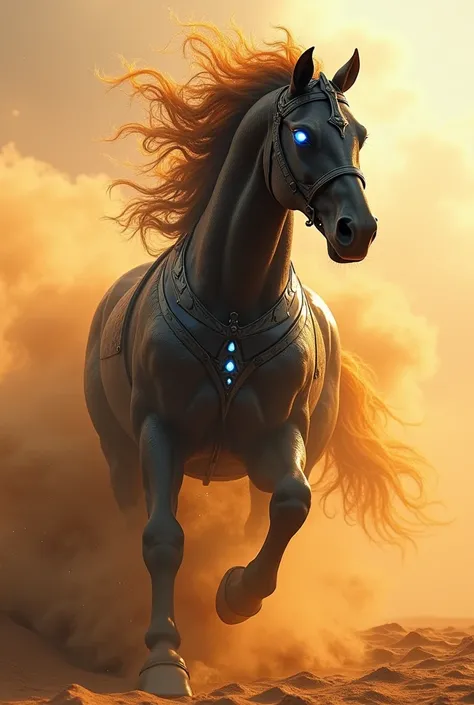 "A terrifying Arabian horse with glowing blue eyes and a mane made of fire, its muscular body covered in dark armor as it gallops through a desert engulfed in a sandstorm."