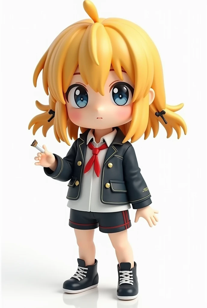 SD Character,The doll has a full body and looks like a high school student uniform , ４Head size,Full body showing up to the feet , Holding a cigarette  ,  golden hair in Good Smile Company anime style , The photo is、Shi Tao,   has become a hot topic in the...