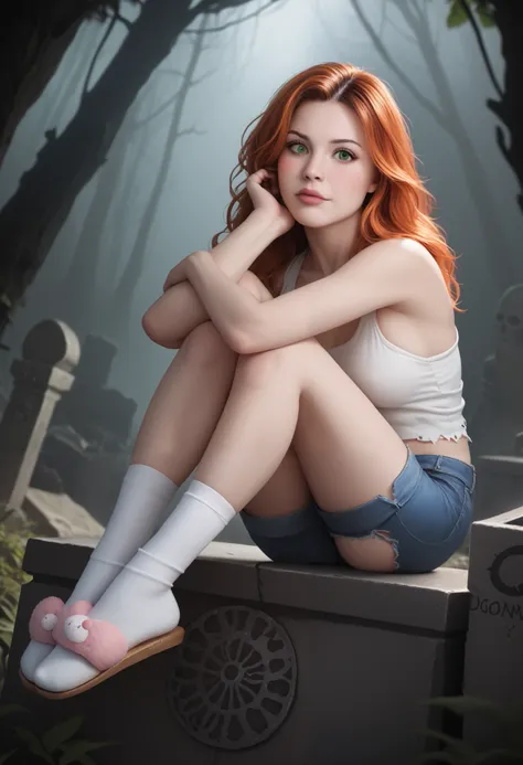 Main character photo, dynamic composition, bottom view angle, rule of thirds. Dark souls realistic photo. Close up of cute girl, pale skin girl, petite short, skinny girl, wavy orange hair, long-length hair, cute skin. Flustered, blush, sitting, hugging ow...