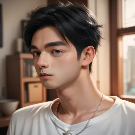 japanese boy, 19-years-old,black hair,dark blue eyes,(slim),(small:0.9),BREAK (( small North Star necklace made of platinum)),8k,( Realistic)