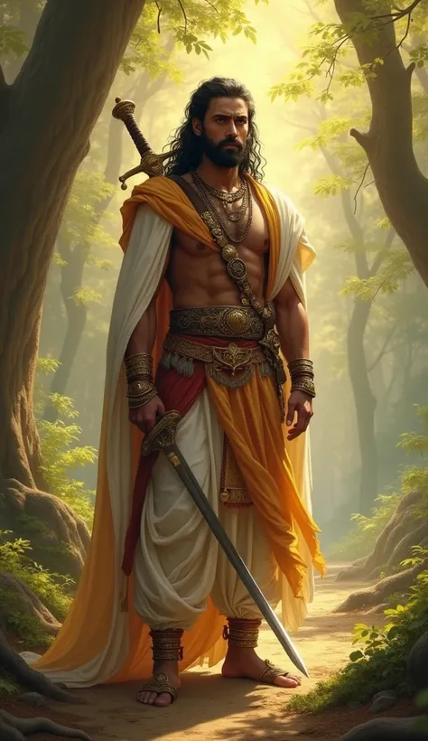 "Sahadeva, the youngest of the Pandavas, depicted standing in a serene forest setting. He is dressed in traditional warrior attire with intricate jewelry and carrying a sword. His expression is calm and wise, reflecting his intellect and mastery of astrolo...