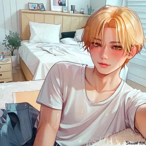 Handsome blonde hair korean boy, short haircut, cool handsome, korean, bare chest, bedroom, boyfriend material, 4k, realistic, selfie