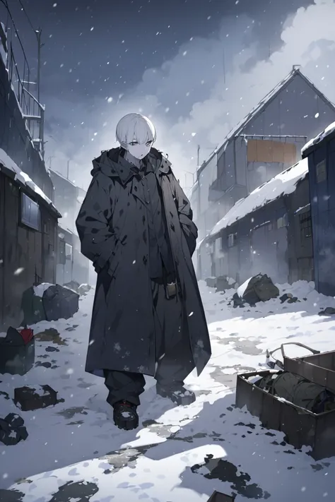 dark night, cloudy. snow, snowfall, blizzard, slum quarters, dirty streets, uncleaned streets, rubbish, 1man, undead, pale skin, midlle aged man, white hair, short hair, dark azure eyes, black tattered baggy trousers, black tattered trench coat, black unif...