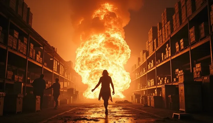 A dramatic shot of an explosion in a dark, cluttered storage room inside the market. Flames and smoke fill the scene as Alana narrowly escapes.