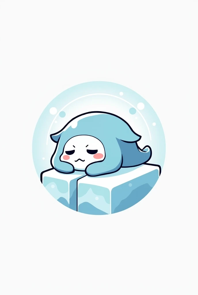 “A minimalistic, anime-style logo featuring a sleepy ice character, with a relaxed, tired expression and dark under-eye circles, conveying exhaustion. The character should have an anime-inspired design, with exaggerated features like large, expressive eyes...