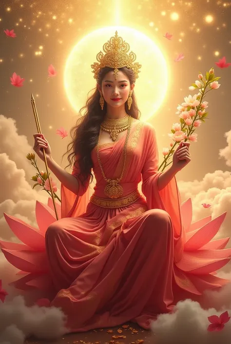 A radiant and divine goddess seated on a red lotus amidst golden clouds. She has a mesmerizing face with a gentle smile, adorned with a jeweled crown and silk red attire. She holds a sugarcane bow and flower arrows, her aura glowing with soft golden and pi...