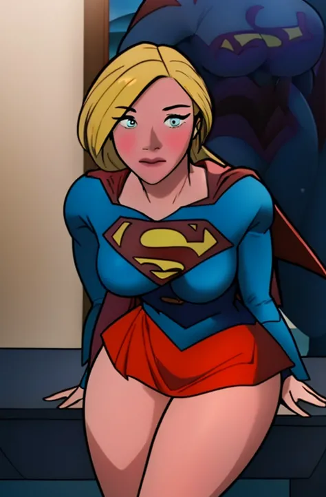 supergirl costume,  blonde alone ,    sexy body on the desk    ,   man in miniskirt    , big , body wet with saliva