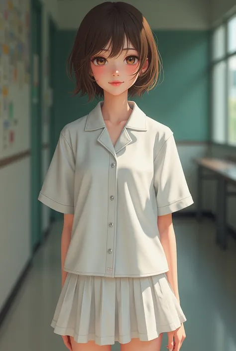 Young teen flat tits brown hair skinny at school wearing white button school uniform and c string
