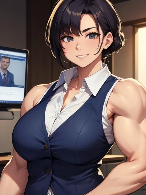  cute doctor in a vest, Muscular girl at the hospital , smiling. big biceps . Make in drawing
