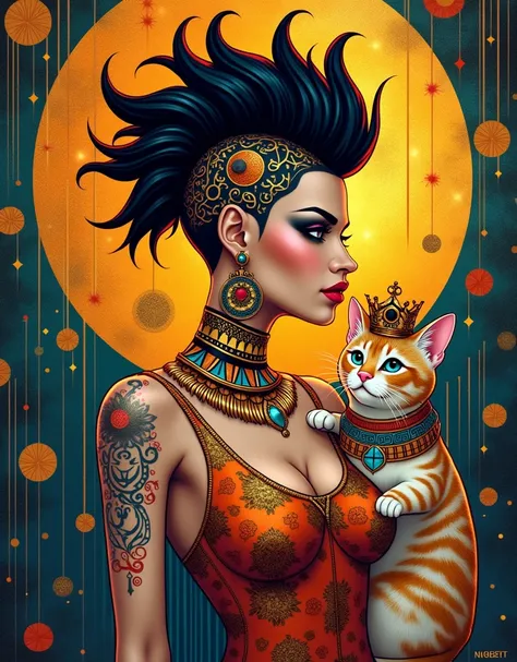 In this dazzling illustration, Dette, a striking Spanish woman with a mohawk and geometric tattoos, dominates the frame. Her elaborate makeup and Klimt-inspired attire shimmer beneath a radiant light, accentuating her statuesque form. At her side, her pet ...