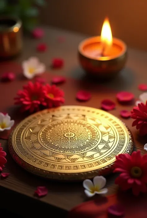 A beautifully crafted Shri Chakra diagram engraved on gold, placed on a wooden altar. The altar is decorated with red and white flowers, incense sticks, and a small brass oil lamp emitting a serene glow. The background has a subtle spiritual ambiance with ...