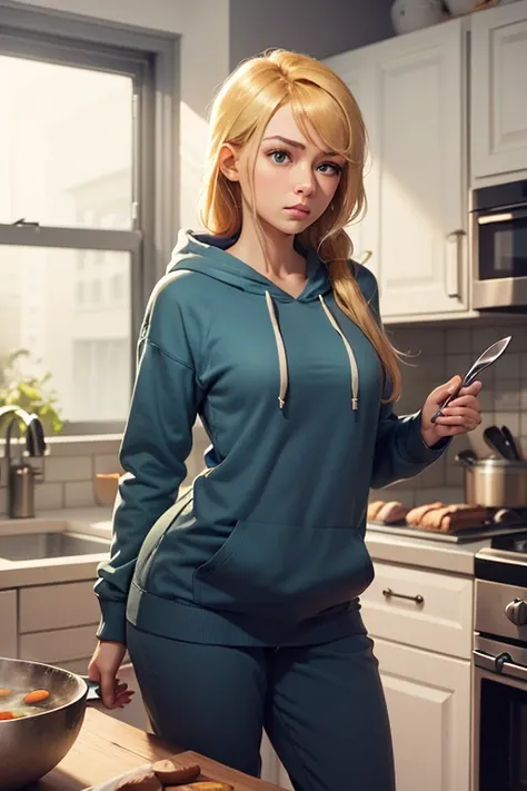 young woman samus aran is standing on the kitchen wearing hoodie and pajama pants, her body is very skinny and face is very tired, she is cooking soup and cutting vegetables on the table 