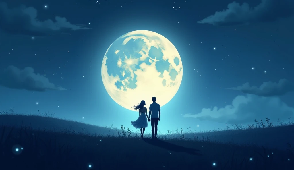 A dreamy, starry night with a glowing moon and a silhouette of a couple walking hand-in-hand.