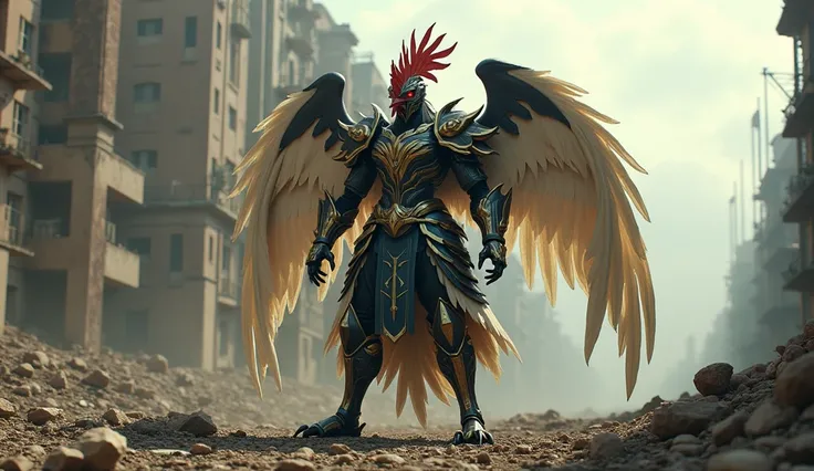 Kamen Rider, france, chicken warrior style, in broken city, foto full body