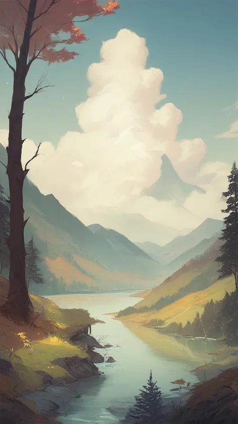 Nature scenery: a forest with a river and a 17 oclock weather in the afternoon as an anime wallpaper in nature with stars in the sky with trees and mountains 