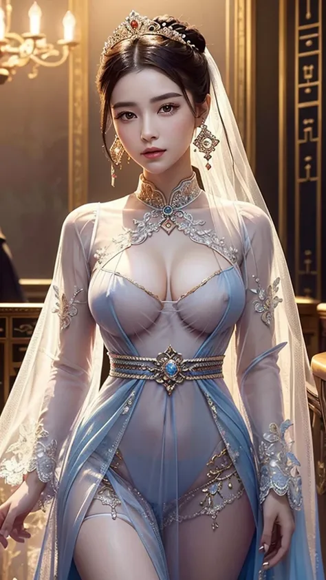 Inspired by the Empress of China  ，  Sexy , masterpiece,   best quality  ,   Home , ((aldult))，( Big Breasts)， (   Crystal Earrings  ，Radiance, )，( Alexandroid colorful mesh nightdress， )， happy ,   watching the audience , (Precise、 Perfect face shape :1.3...