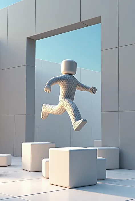 White R6 pattern roblox character,Jumping over various box obstacles FreeRunning,แมพ texture grid,, Potter photo ,Image of the corner behind the character
