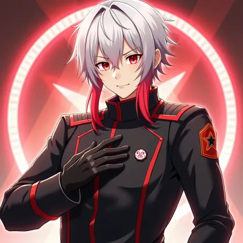  Kaedehara Kazuha (man) anime drawings ,  white hair , Strand of red hair below,  bright red eyes,  in a black special forces suit,  con fkoas grandes on the back, on the back, With my hand on my chest, And Aura Red 