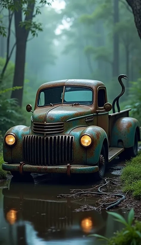 "A photograph of a hybrid vehicle merging the rugged charm of a vintage pickup truck with the sleek, menacing traits of a viper. The vehicle’s body retains the rusted, weathered aesthetic of a classic pickup, with moss and vines creeping along its edges, b...