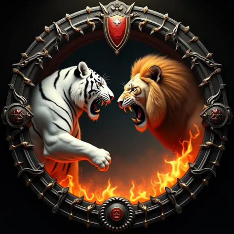 A stylized image featuring a white tiger and a roaring lion. The tiger is positioned on the left side of the image, while the lion is centered. Both animals are depicted in a powerful, aggressive pose, with open mouths and visible teeth. The lions image is...