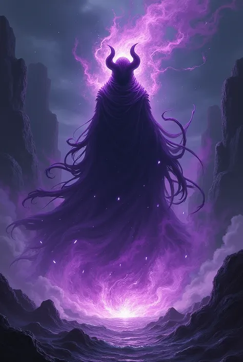 Elemental spirit of darkness with a sinister amorphous purple aura in the style of the anime Shaman King