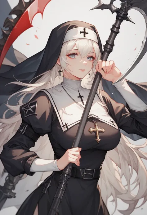 A white-haired nun holding the scythe of death ,a woman in a  nuns clothing holding a The scythe of death  and a sword,  nuns clothing, do girls frontline,  white-haired divinity ,  anime wearing a black dress ,  dressed as a clergyman , estilo girls front...