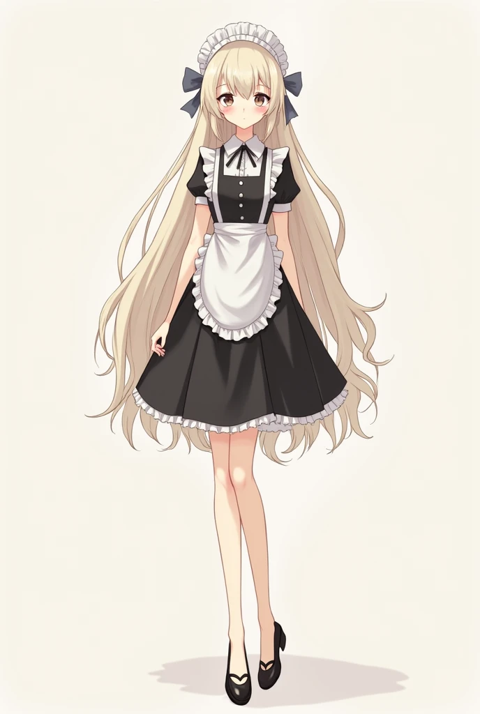 Roblox character into a tall cute anime character,beige white long hair with maid accessories,black dress with black short sleeves,black shoes
