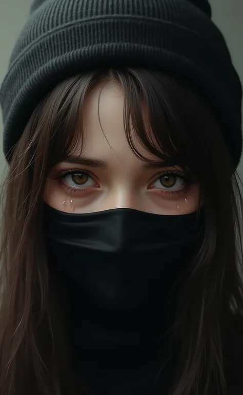 brunette girl with brown eyes black mask black beanie tears running down face realistic 