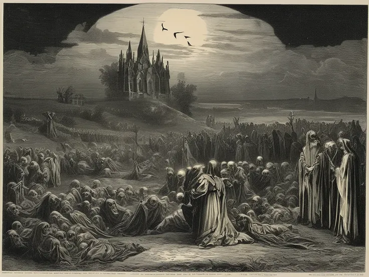   arafed drawing of a 19th-century group gathering at a graveyard on a pitch-dark night,  skulls with bat wings in the sky emitting light 、Surprised person々、The background is a church、Lithograph, gustave dore Lithography,   spooky spiritual grainy  , Litho...