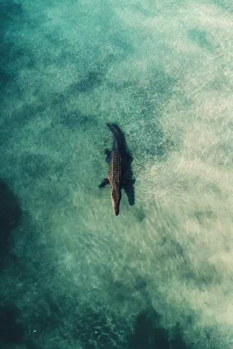 (best quality, masterpiece, photorealistic, elaborate details:1.2), A top view of a crocodile swimming in a vast tranquil lake. We can see the shadow on the bottom of the water. The water is clean and the shadow is a few meters deep. Realistic photography.