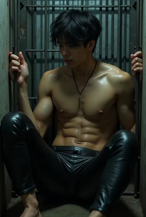 (((Skinny, fit, ripped, asian shirtless boy))), (((19 yo, slim, muscular, fit twink))), (((ripped sixpack))),  , (((beautiful boy))), (((beautiful face, K-pop type))),  (((slim fit body))), ((medium-lenght curtain hairstyle))), (((wearing black leather pan...