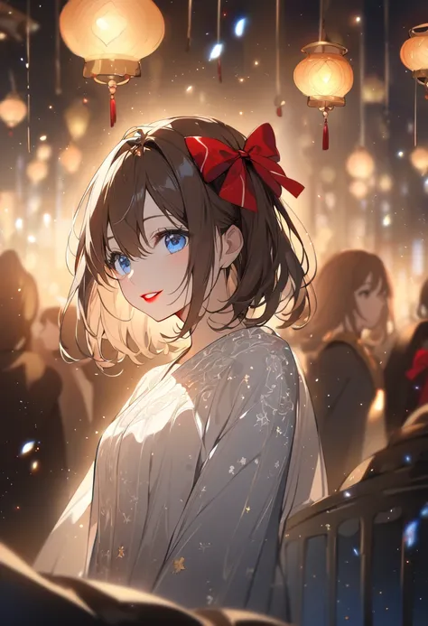 ( very delicate and beautiful: 1.2),  1 girl, bangs,  blue eyes, Blur, Blur background, bow,  brown hair, shut up, Side View,  hair between eyes, hair bow,  lantern, Particles of light,  Long Sleeve ,  watching the audience,  Medium Hair ,   knight , red b...