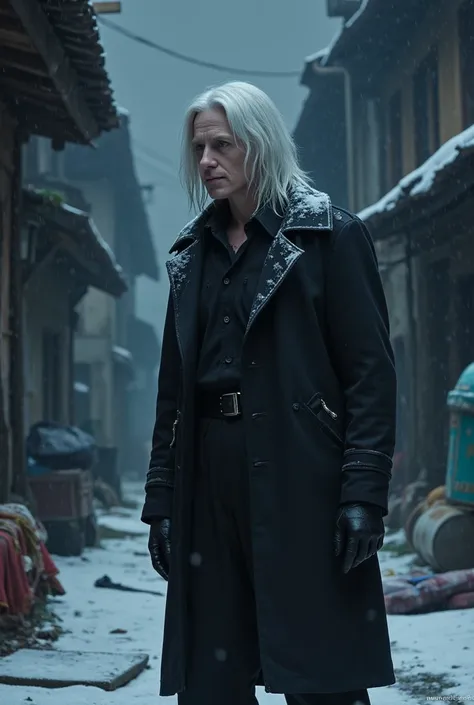 night, cloudy. snow, snowfall, blizzard, rubbish, 1boy, undead, pale skin, aged, white hair, half-long hair, dark azure eyes, black baggy trousers, black tattered trench coat, black tattered uniform, gloves, very displeasing, slum quarters