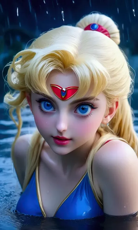 Sailor Moon (magical swim suit, cute, wet long blonde hair, huge blue eyes, wet) emerges from a tranquil lake on a moonlit night, she is reflected in the water (double check anatomy)
