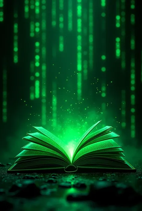 Create for me an image of a neon book in a magical green and black Matrix Dark city
