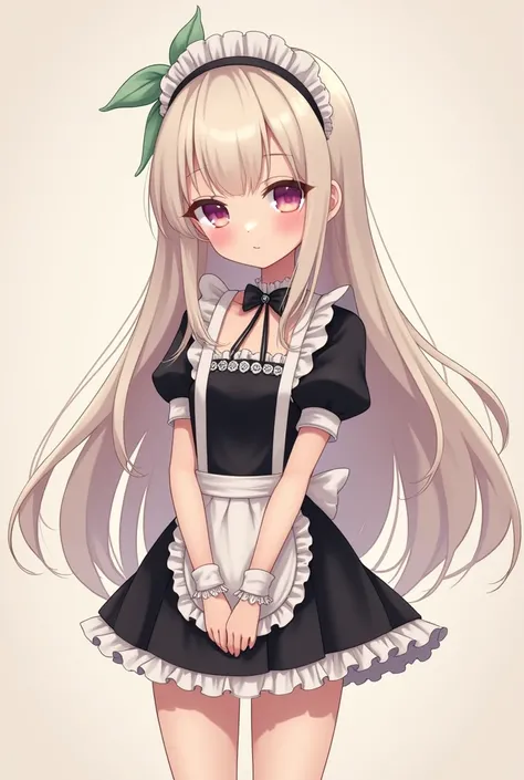 Roblox character into a tall cute anime character,beige white long hair with maid accessories,black lolita dress with black short sleeves
