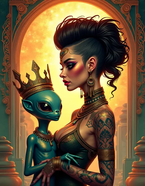 In this dazzling illustration, Dette, a striking Spanish woman with a mohawk and geometric tattoos, dominates the frame. Her elaborate makeup and Klimt-inspired attire shimmer beneath a radiant light, accentuating her statuesque form. At her side, her pet ...