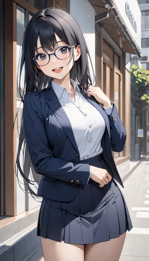 1girl, solo,long hair, happy,smile,black hair, black eyes, Navy blue jacket,glasses, navy blue tight skirt, white collared shirt, standing,high quality, masterpiece, best quality, absurdres,looking at viewer, front view,full body shot,open mouth,