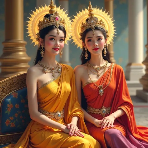 Sharp line drawings, beautiful colors and strong lines create beautiful Thai art with outstanding use of Dharma. The image shows one male and one female actors, beautifully made up, wearing bright rainbow-colored dresses, wearing crowns with halos on their...