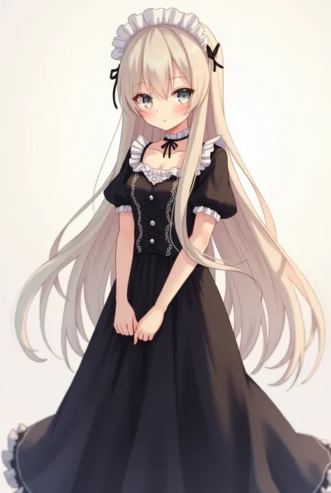 Roblox character into a tall cute anime character,beige white long hair with maid accessory,black prom dress with black short sleeves
