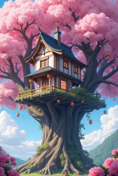 a house set on a huge cherry blossom tree