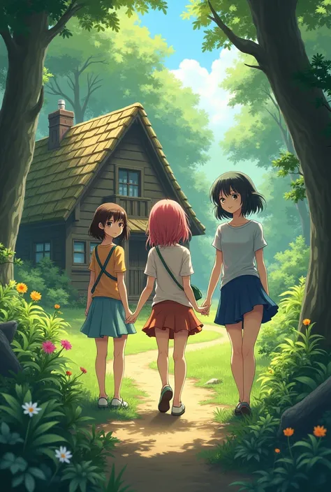 3 Anime girls in forest, they go to home 