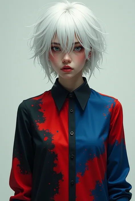 White hair red blue black shirt