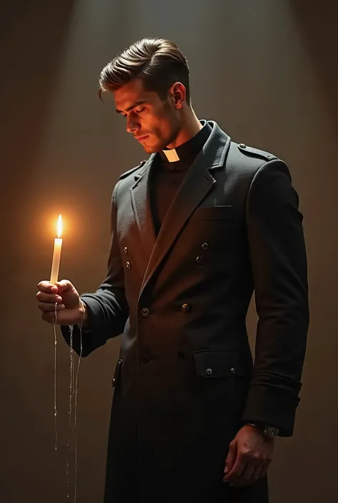 tall man, athletic and handsome brown-haired , dressed like a priest with his uniform fitted to the body standing straight from the front looking down while letting the wax from a candle fall 