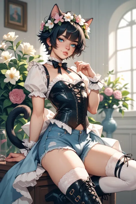 femboy, catboy, black hair, puffy tail with a bow, beauty marks, thigh high socks with ribbons, blue, pants, laced up boots, flower crown, corset