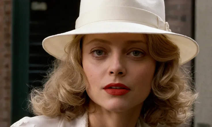 Jodie Foster as Iris from Taxi driver movie 1976, wearing lipstick, a white hat, curly blonde hair