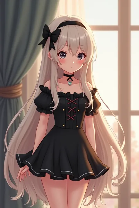 Roblox character into a tall cute anime character,beige white long hair with black bow accessory,black short lolita dress with black short sleeves,black eyes
